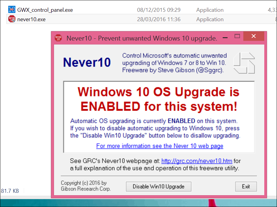 Stop Windows 10-opgraderingen med Never 10 eller GWX-appen selv