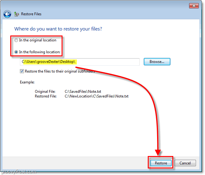 Windows 7 Backup - vælg en destination for gendannede filer