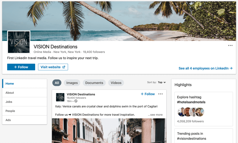 LinkedIn-virksomhedsside til VISION-destinationer