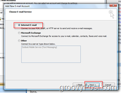 Opret ny e-mail-konto i Outlook 2007:: Internet-e-mail-radioknap