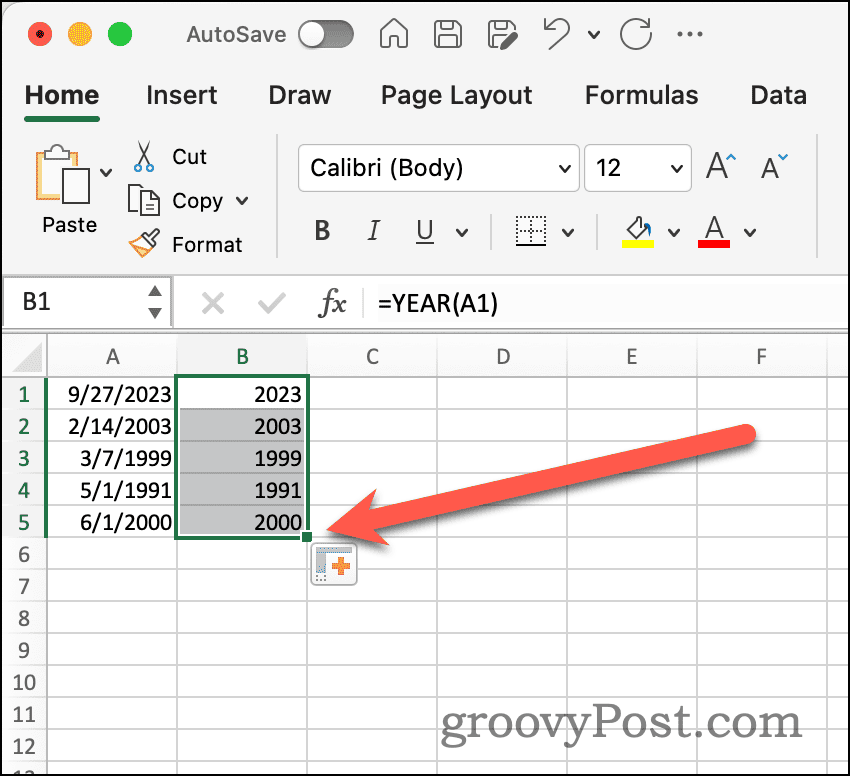 Autofyld-håndtag i Excel