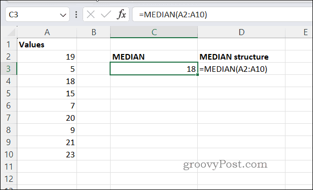 Eksempel MEDIAN resultat i Excel