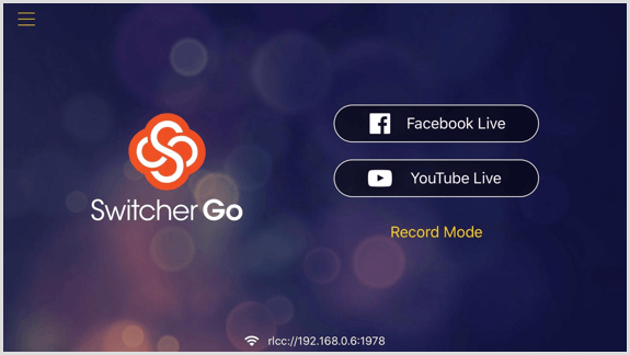 Switcher Go-skærmbillede, hvor du kan oprette forbindelse til dine Facebook- og YouTube-konti