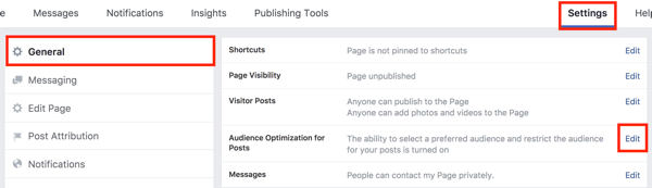 I dine Facebook-sideindstillinger skal du klikke på knappen Rediger til højre for indstillingen Audience Optimization for Posts.