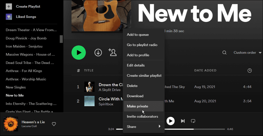 gør en playliste privat på spotify