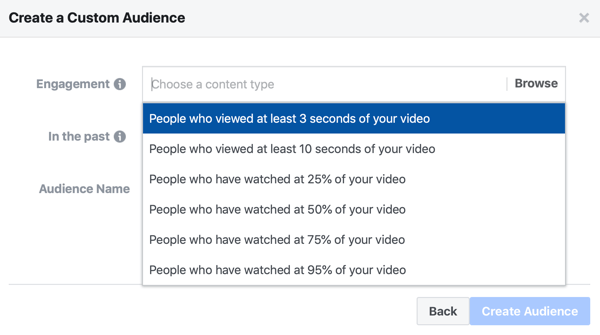 Mulighed for at oprette en Facebook-annonce tilpasset målgruppe af mennesker, der så en del af din video.
