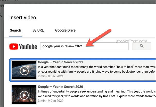 Søger efter en video i Google Sheets