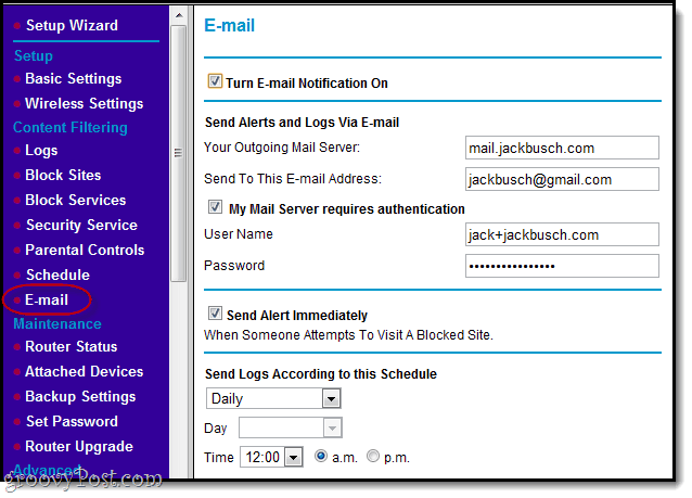 e-mail-advarsler til blokeringssider i netgear