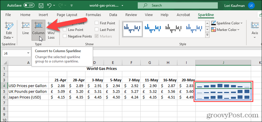 Skift Sparkline-type i Excel