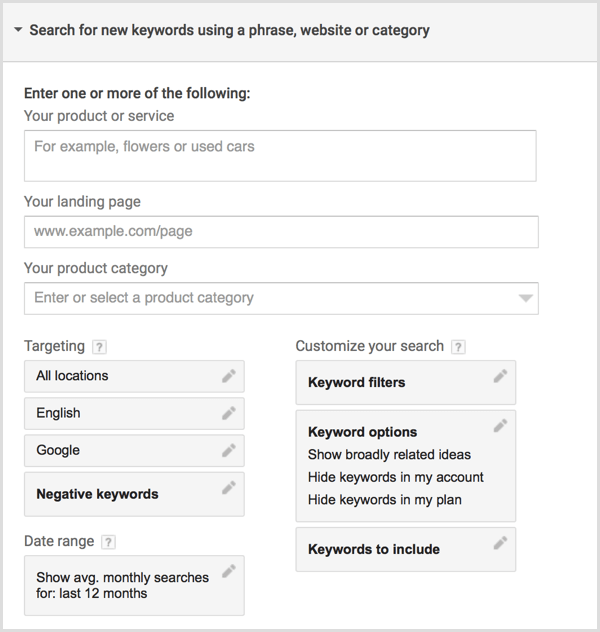 Google AdWords Keyword Planner-søgning