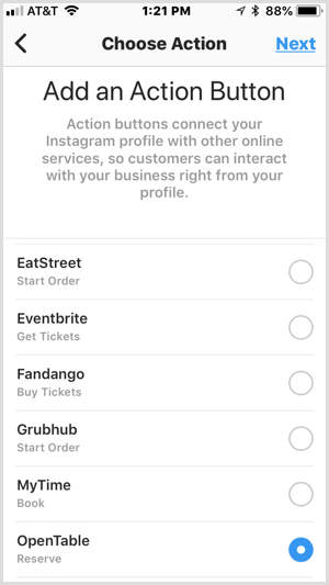 Instagram Tilføj en Action Button-skærm til tredjeparts tjenester