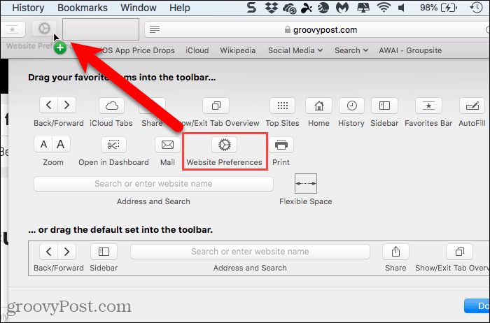 Føj knap til webstedsindstillinger til værktøjslinjen i Safari til Mac