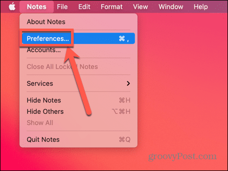 vælg Præferencer i Notes på Mac