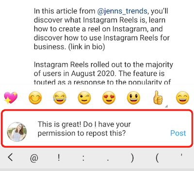 instagram post eksempel kommentar svar komplimenterende og beder om tilladelse til at genindlægge indholdet