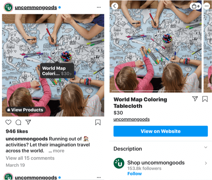 skærmbilleder, der viser et instagram-tag tilføjet til et produktindlæg, der kan købes, samt produktets butikside, når et posttag er valgt