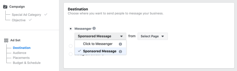 Facebook-sponsoreret meddelelsesmulighed i Facebook Ads Manager