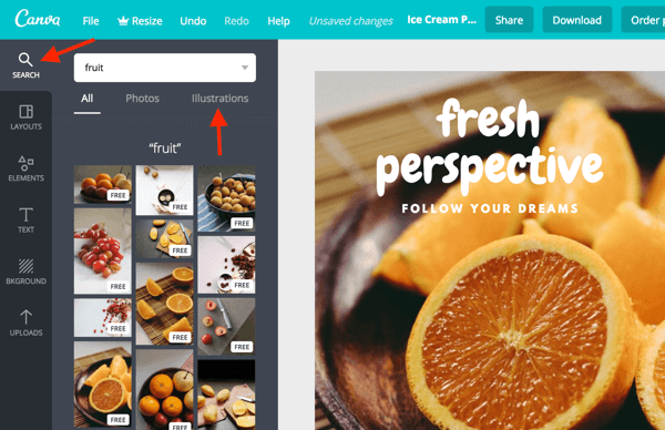 Brug søgefeltet til at finde fotos og illustrationer lige i Canva-instrumentbrættet.