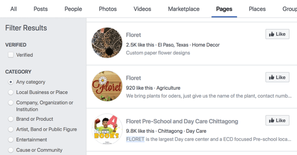 Facebook-sider søgeresultater for Floret.