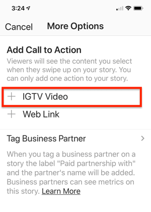 Mulighed for at vælge et IGTV-videolink til at føje til din Instagram-historie.