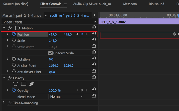 Indstilling for at justere centerpositionen for hver ramme i din rækkefølge i Adobe Premier Pro.