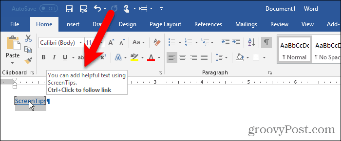 Tilpasset skærmtip på tekst i Word