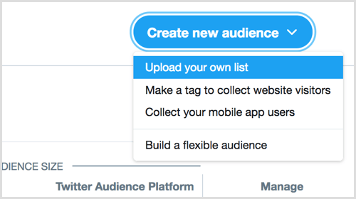 upload din egen liste for at oprette et nyt publikum via Twitter Ads
