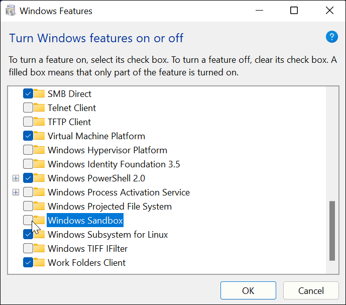 Fjern markeringen i Windows Sandbox