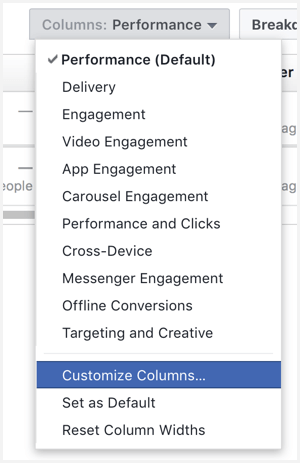 Facebook Ads Manager tilpasser kolonner