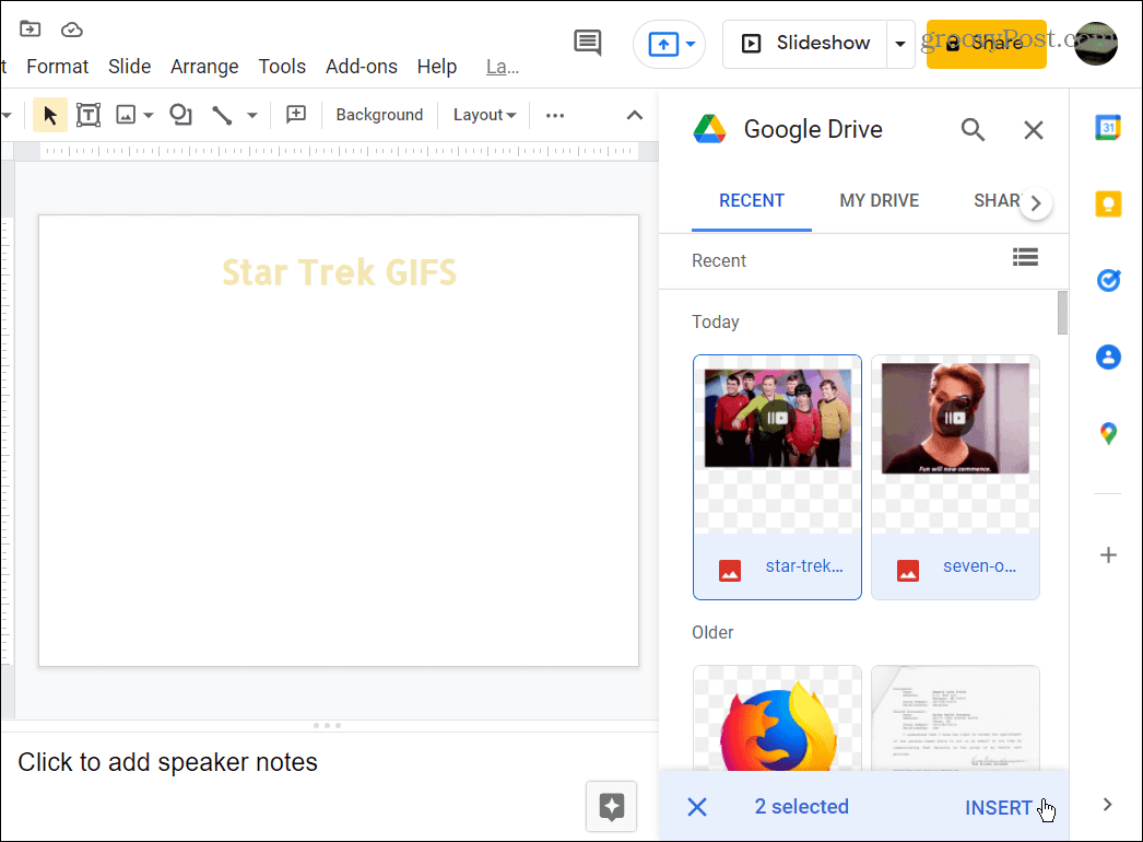 vælg GIFS at bruge fra Google Drev