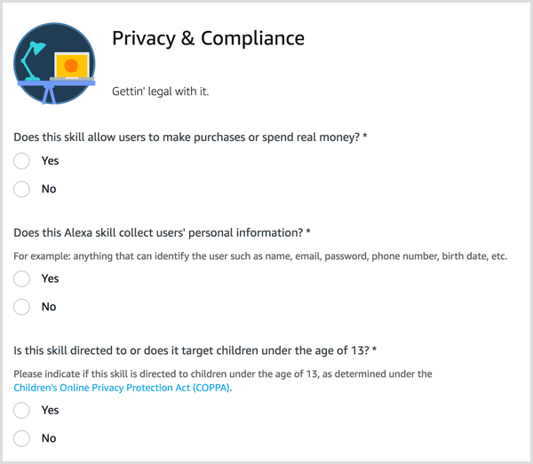 Svar på spørgsmål om beskyttelse af personlige oplysninger og overholdelse af dine Alexa-færdigheder.
