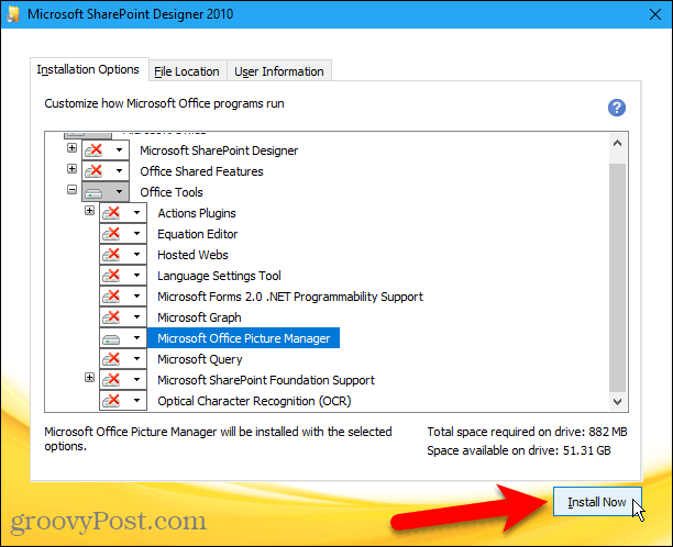 Klik på Installer nu for at installere Microsoft Office Picture Manager fra Sharepoint Designer 2010
