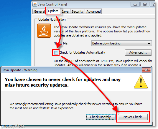 Skærmbillede: Windows 7 Deaktiver Java-opdateringscheck