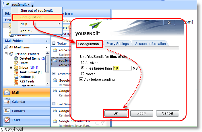 YouSendIt-konfigurationsmenu