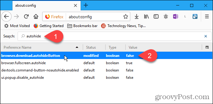Dobbeltklik på autohideButton-konfigurationsindstilling i Firefox