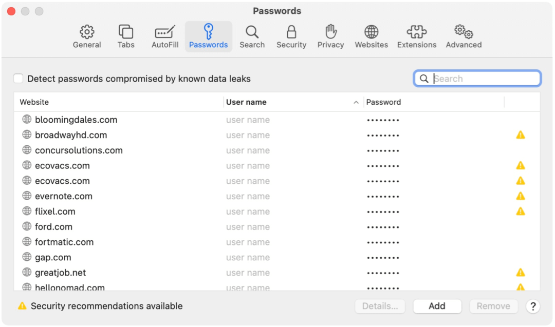 Safari til Mac-adgangskodeeksempler