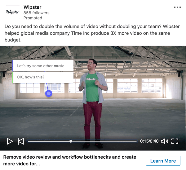 Sådan oprettes LinkedIn-målbaserede annoncer, sponsoreret videoannonceeksempel fra Wipster