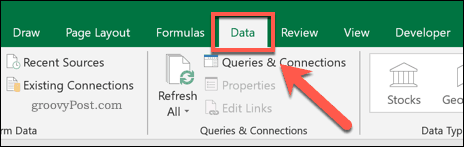 Fanen Data på båndlinjen i Excel