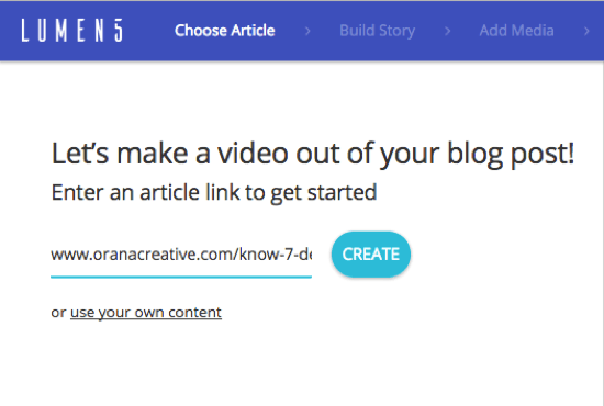 Tilføj URL'en til det blogindlæg, hvorfra du vil oprette en Lumen5-video.