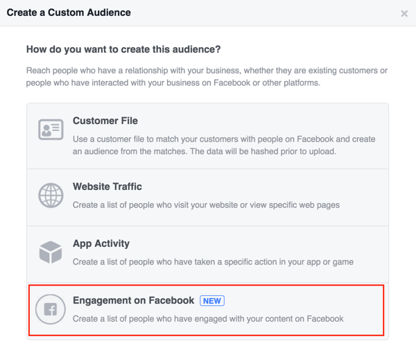 Vælg Engagement på Facebook for at konfigurere dit tilpassede Facebook-publikum.