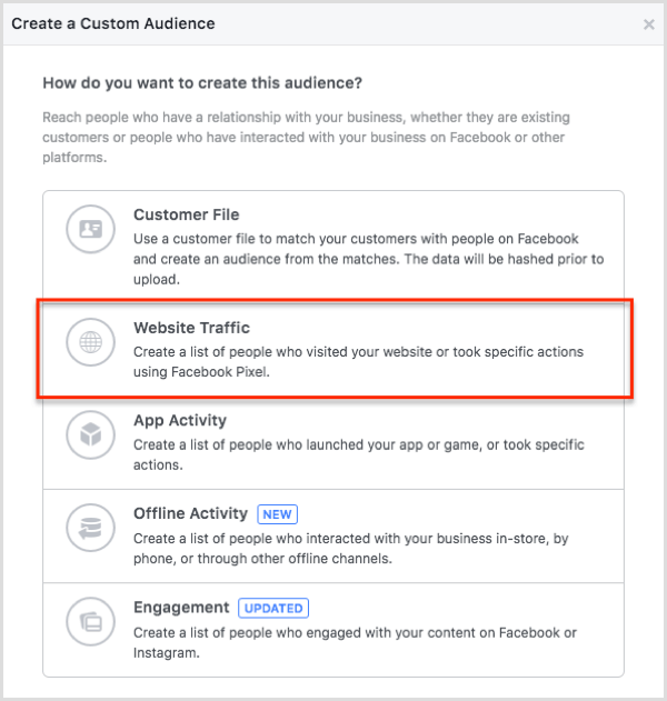 Opret din Facebook-tilpassede målgruppe ud fra webstedstrafik.
