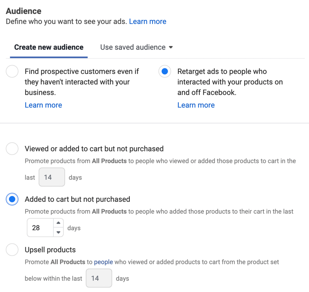 billede af Retarget annoncer til personer, der interagerede med dine produkter på og uden for Facebook, valgt i Ads Manager