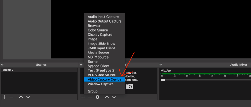 vælg Video Capture Device fra pop op-menuen i OBS Studio