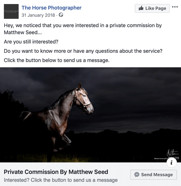 Sådan konverteres besøgende på websitet med Facebook Messenger-annoncer, trin 3, posteksempel af The Horse Photographer