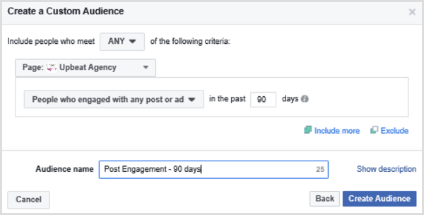 Vælg muligheder for at oprette en brugerdefineret Facebook-målgruppe baseret på personer, der har beskæftiget sig med et hvilket som helst indlæg eller annonce i de sidste 90 dage