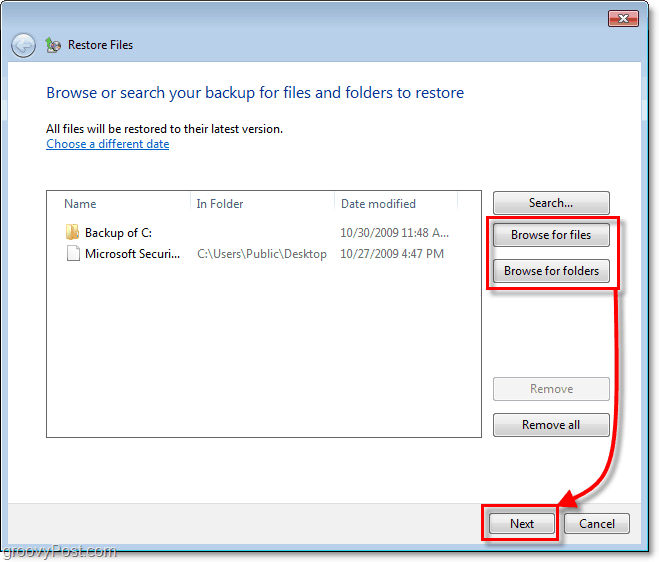 Windows 7 Backup - vælg de filer eller mapper, du gerne vil gendanne