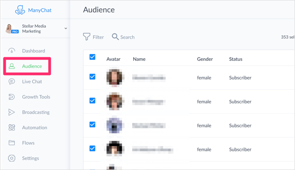 Klik på fanen Målgruppe i ManyChat for at se en liste over alle dine Messenger-bot-abonnenter.
