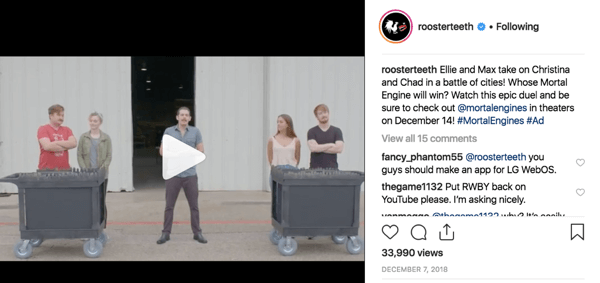 Eksempel på Rooster Teeths superfan-engagement på Instagram.