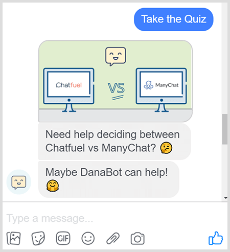 DanaBot tilbyder en quiz for at hjælpe brugerne med at vælge det rigtige produkt.