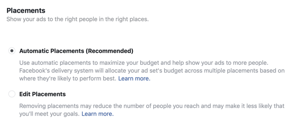 Placeringsmuligheder for en Facebook-leadannoncekampagne.