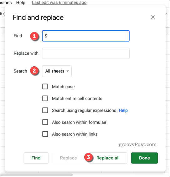 Find og erstat menuen i Google Sheets